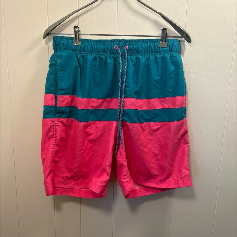 George Mens Medium Swim Trunks bottoms, teal, and pink retro vintage look EUC